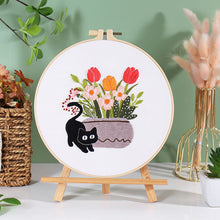 Load image into Gallery viewer, Black Cat on Plant Hand Embroidery DIY Kit 20cm
