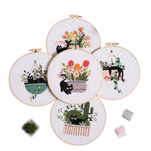 Load image into Gallery viewer, Black Cat on Plant Hand Embroidery DIY Kit 20cm