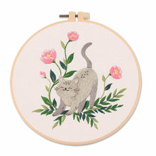 Load image into Gallery viewer, Cat on Flowers  Hand Embroidery DIY Kit 20cm