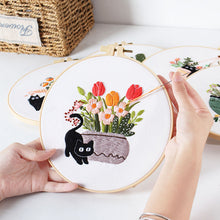 Load image into Gallery viewer, Black Cat on Plant Hand Embroidery DIY Kit 20cm