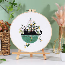Load image into Gallery viewer, Black Cat on Plant Hand Embroidery DIY Kit 20cm
