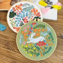 Load image into Gallery viewer, Charming White Rabbit Flowers Hand Embroidery DIY Kit 20cm