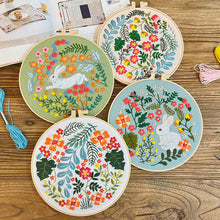 Load image into Gallery viewer, Charming White Rabbit Flowers Hand Embroidery DIY Kit 20cm