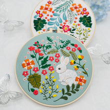 Load image into Gallery viewer, Charming White Rabbit Flowers Hand Embroidery DIY Kit 20cm