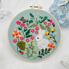 Load image into Gallery viewer, Charming White Rabbit Flowers Hand Embroidery DIY Kit 20cm