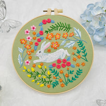 Load image into Gallery viewer, Charming White Rabbit Flowers Hand Embroidery DIY Kit 20cm