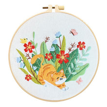 Load image into Gallery viewer, Cute Kitten & Flowers Embroidery DIY Kit 20cm