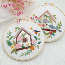Load image into Gallery viewer, Birdhouse with bird and Flowers Embroidery DIY Kit 20cm