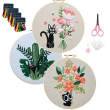 Load image into Gallery viewer, Cat & Bouquet Design Embroidery DIY Kit 20cm
