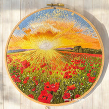 Load image into Gallery viewer, Original Thread Painting - Sunrise Flower Field - Embroidery size 8”