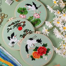 Load image into Gallery viewer, Cranes & Flowers Hand Embroidery DIY Kit 20cm