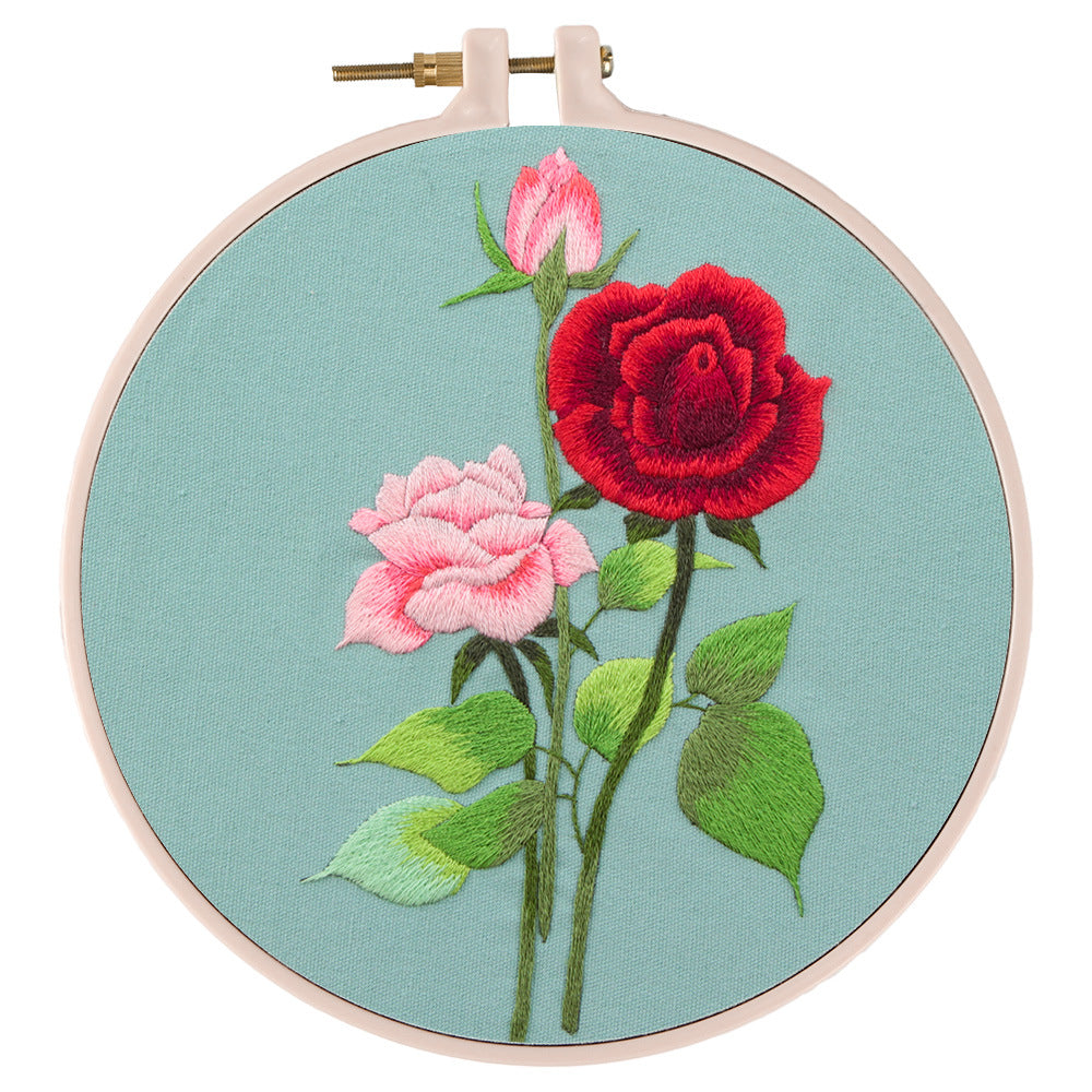 Hand embroidery KIT DIY, Kit de bordado, kit instrucciones español, mano  con flores, diseño floral, flores rojas, puntos básicos de bordado -   España