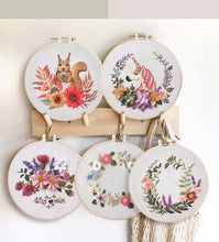Load image into Gallery viewer, Cute Modern Floral Animal Hand Embroidery Kit 20cm