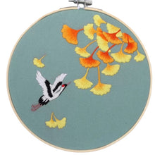 Load image into Gallery viewer, Crane & Ginkgo Leaves Needle Painting Hand Embroidery Kit 8”