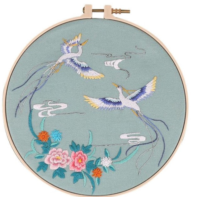 Chinese Style Crane & Flowers Hand Embroidery Full Kit 8 inch