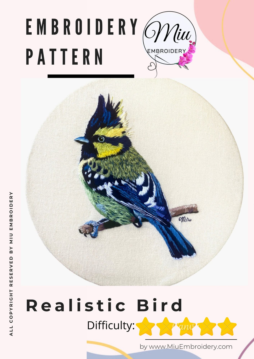 Thread Painting Realistic Bird PDF Embroidery Pattern  + 3 hrs Video Tutorial