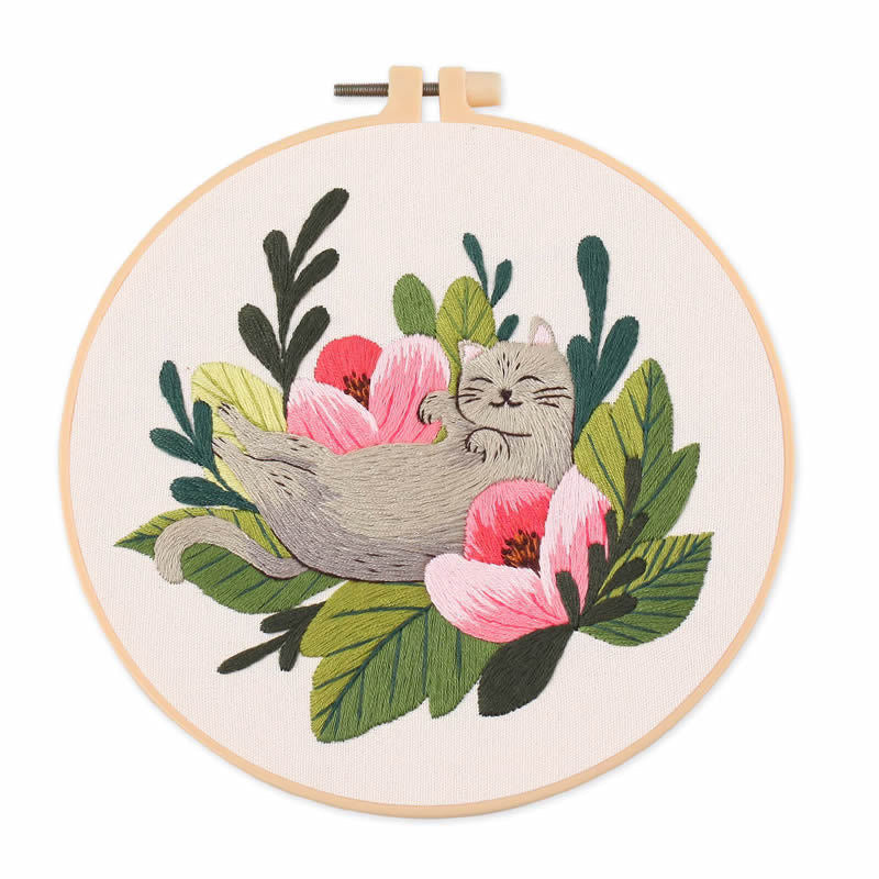 Cat on Flowers  Hand Embroidery DIY Kit 20cm