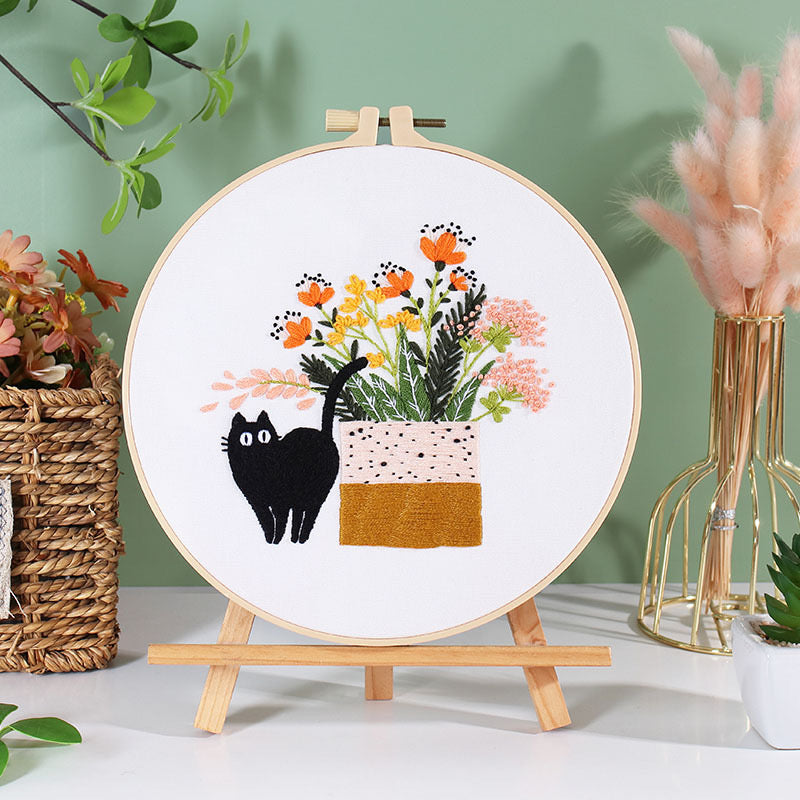 Black Cat on Plant Hand Embroidery DIY Kit 20cm