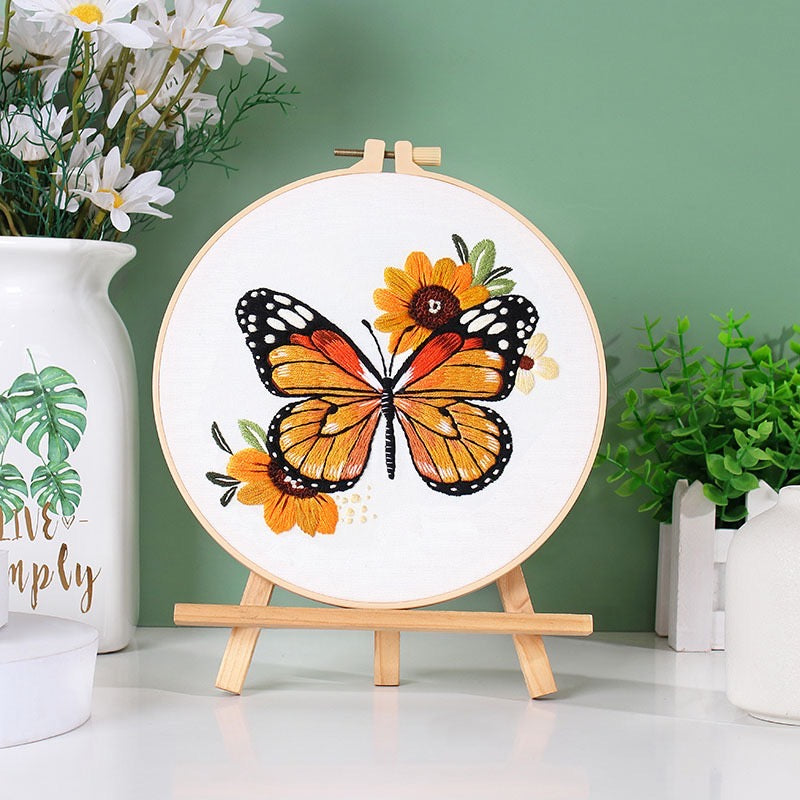 Beginners Floral Butterfly  Hand Embroidery DIY Kit 20cm