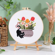 Load image into Gallery viewer, Black Cat &amp; Flower Pot Hand Embroidery DIY Kit 20cm
