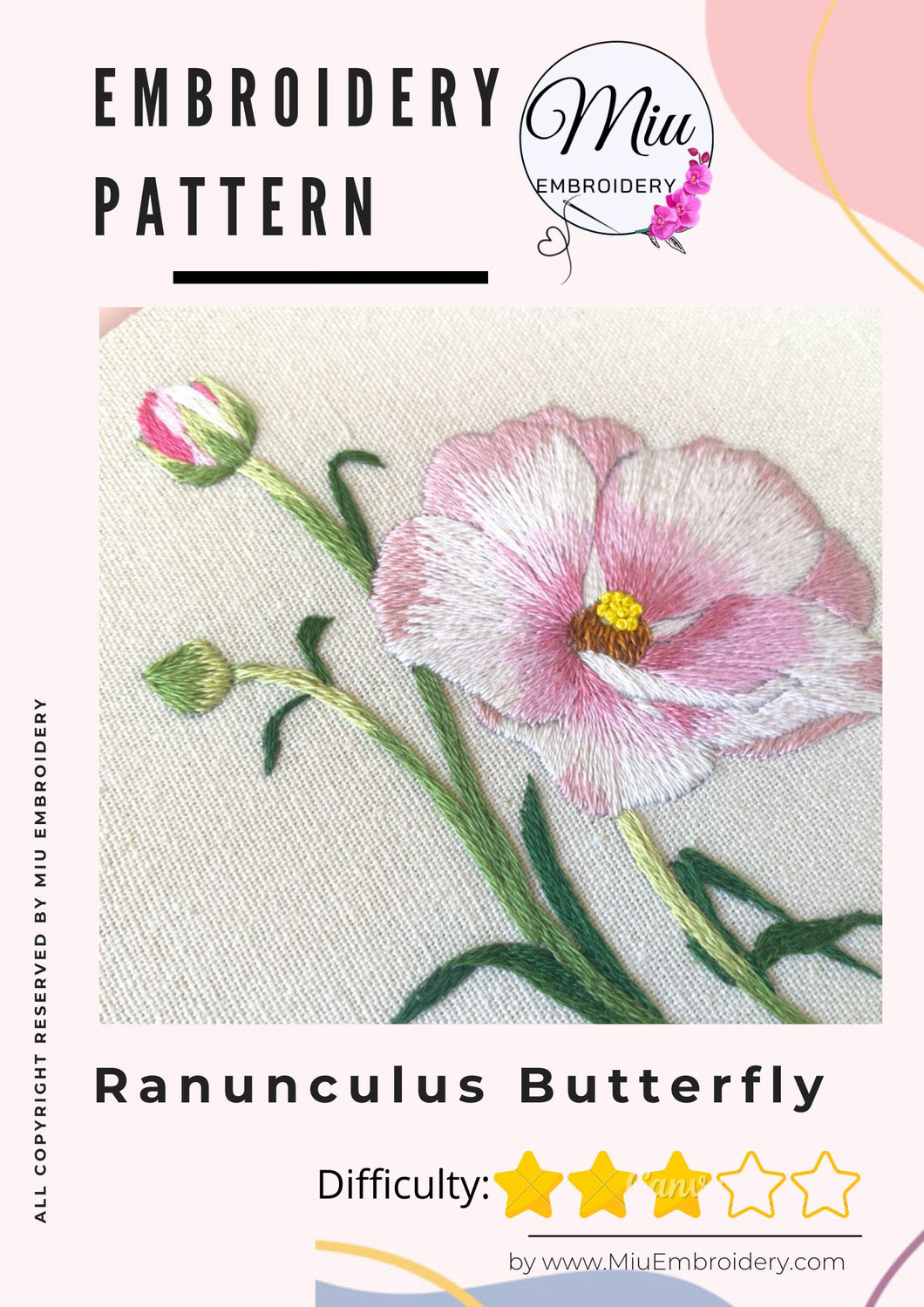 Pink Flower PDF Embroidery Pattern  + Video Tutorial