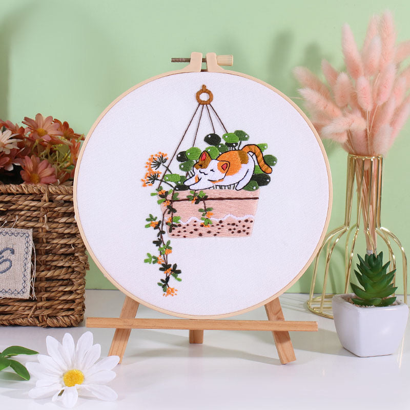 Cute Cats & Plants Hand Embroidery DIY Kit 20cm
