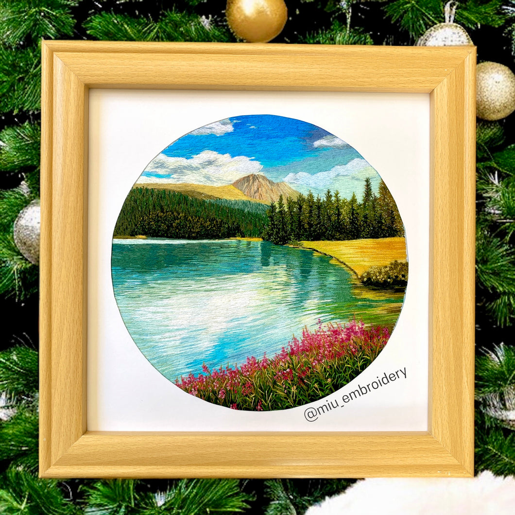 Original Thread Painting - Lake - Embroidery size 7”(Framed)