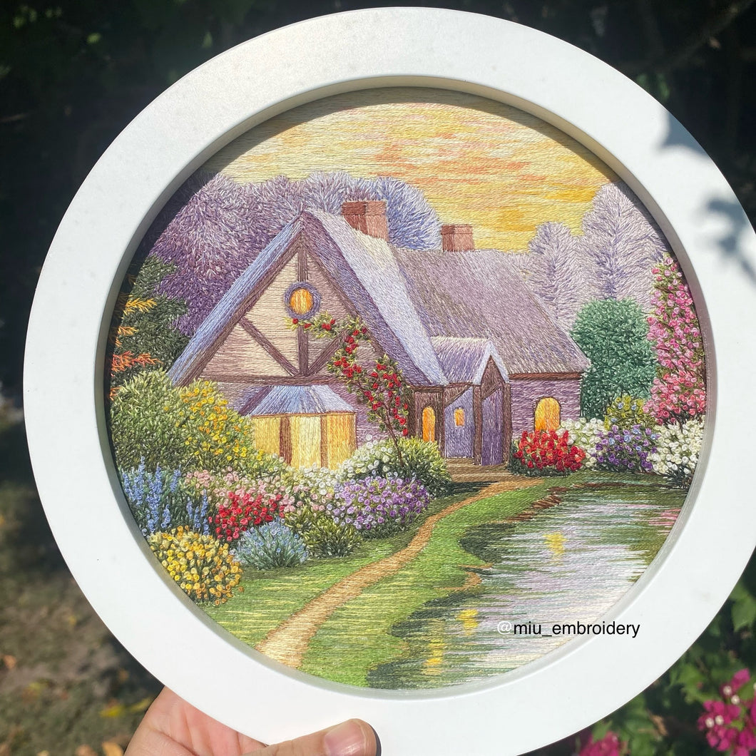 Original Thread Painting - Garden House - Embroidery size 7”(Framed)