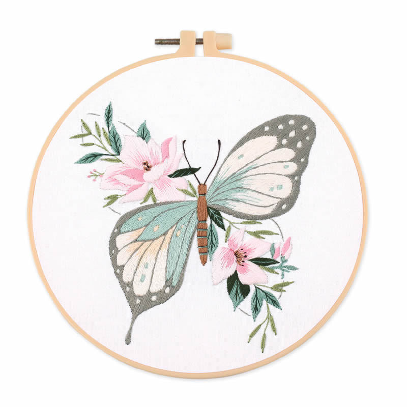 Colorful Butterfly & Flowers Hand Embroidery DIY Kit 20cm