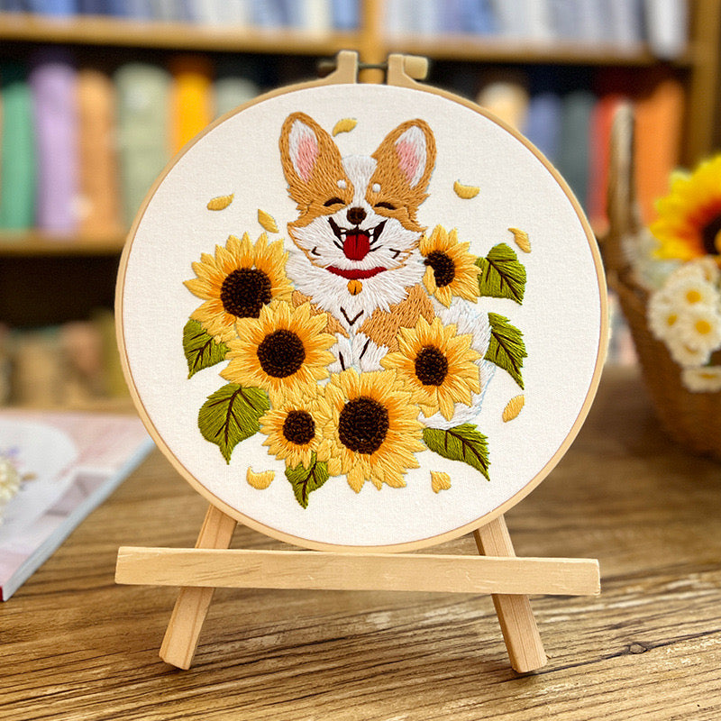 Adorable Corgi Dog & Flowers Hand Embroidery DIY Kit 20cm