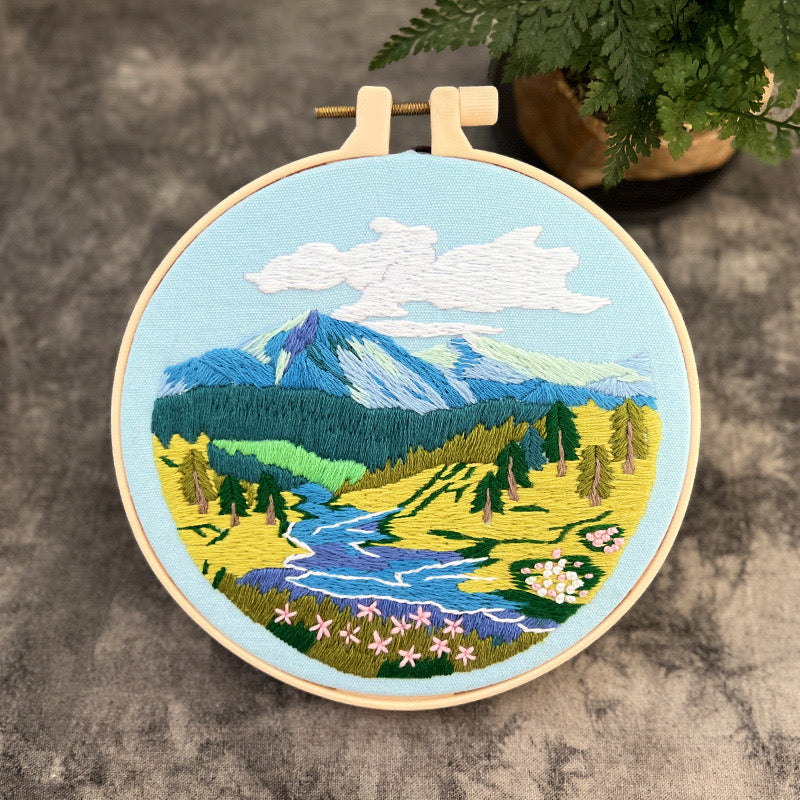 River Mountain scenery Landscape Hand Embroidery DIY Kit 20cm