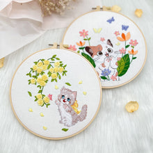 Load image into Gallery viewer, Cute Kitten &amp; Flowers Embroidery DIY Kit 20cm
