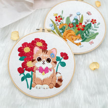 Load image into Gallery viewer, Cute Kitten &amp; Flowers Embroidery DIY Kit 20cm
