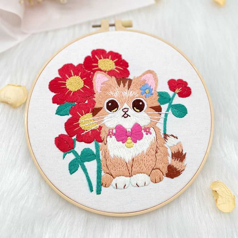 Cute Kitten & Flowers Embroidery DIY Kit 20cm