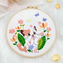 Load image into Gallery viewer, Cute Kitten &amp; Flowers Embroidery DIY Kit 20cm
