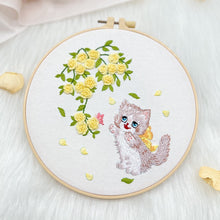 Load image into Gallery viewer, Cute Kitten &amp; Flowers Embroidery DIY Kit 20cm
