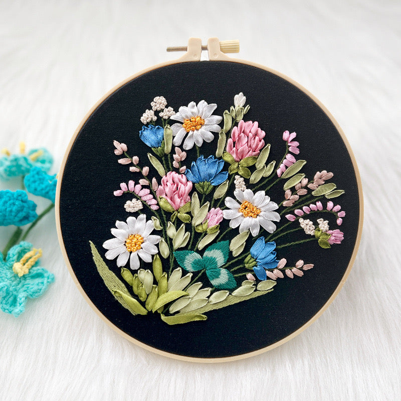 Astonished Ribbon Flowers Bouquet Embroidery DIY Kit 20cm