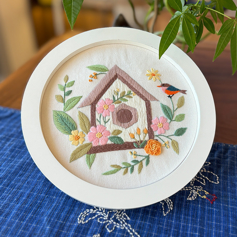 Birdhouse with bird and Flowers Embroidery DIY Kit 20cm