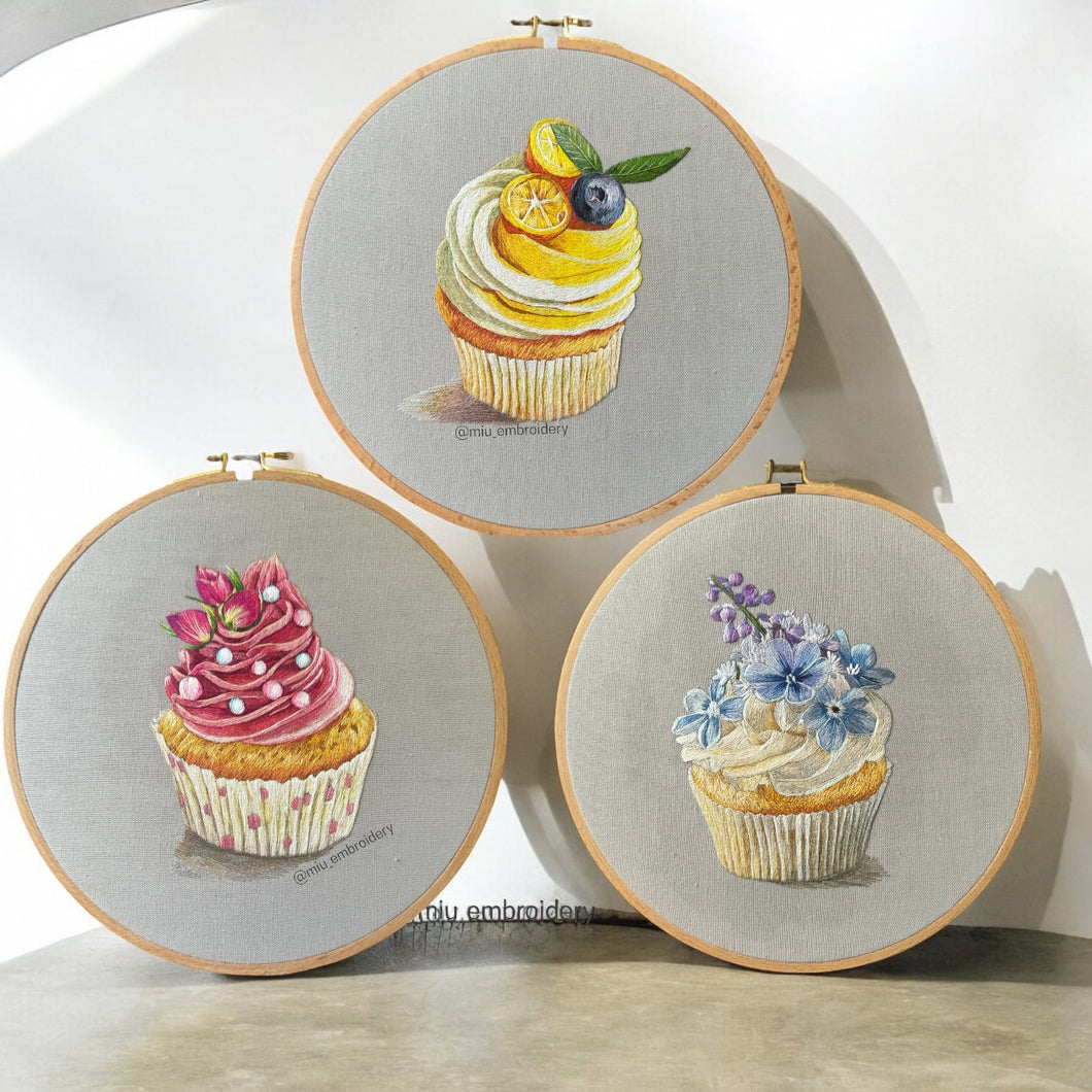 Original Thread Painting - Set of 3 Cupcakes 8” (Framed)