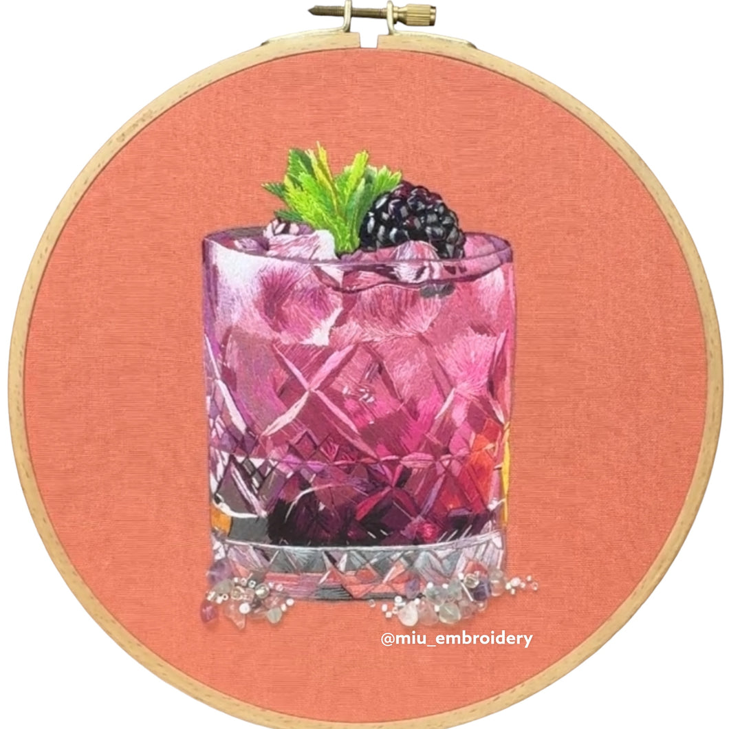 Original Thread Painting - Blackberry Cocktail - Embroidery  Framed