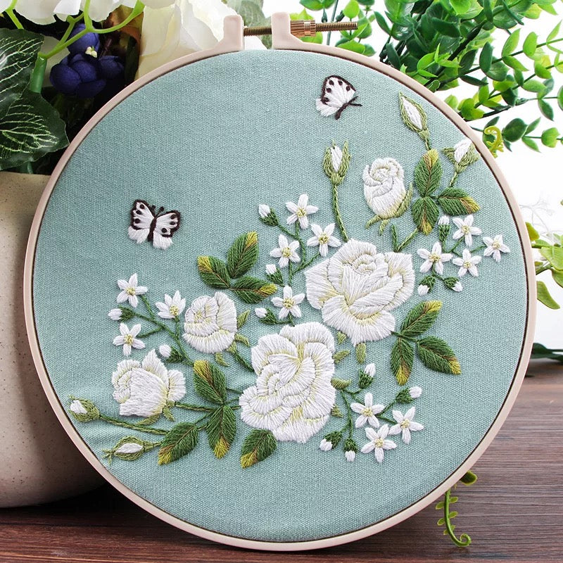 White Roses Intermediate  Hand Embroidery Kit