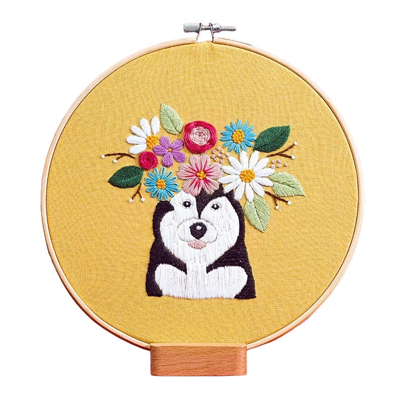 Beginners Dog with Flowers Hand Embroidery Kit 20cm