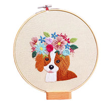 Load image into Gallery viewer, Beginners Dog with Flowers Hand Embroidery Kit 20cm
