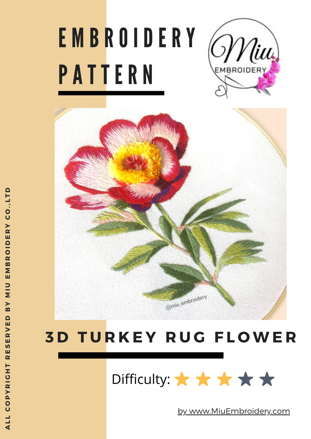 Patrón de bordado en PDF de flor de alfombra de pavo 3D + video tutorial