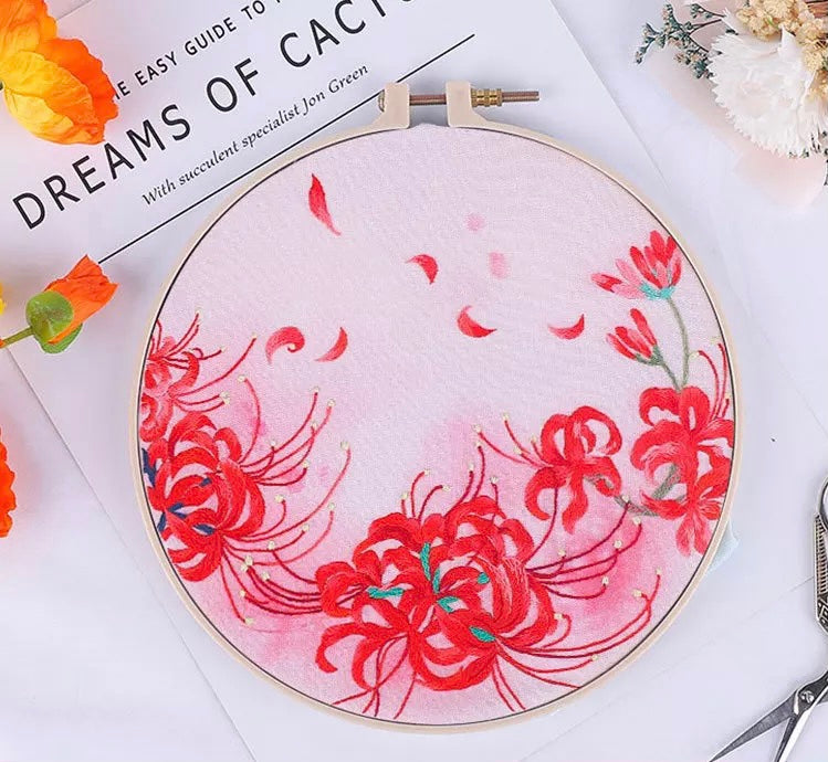 Red Spider Lily Flower Hand Embroidery Full Kit 20cm