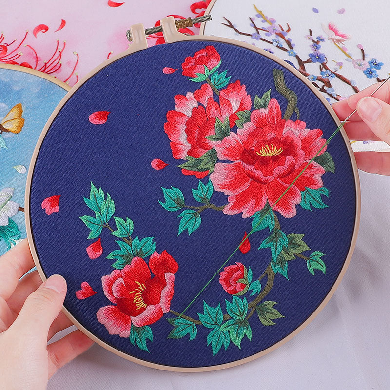 Red Peony Flower Hand Embroidery Full Kit