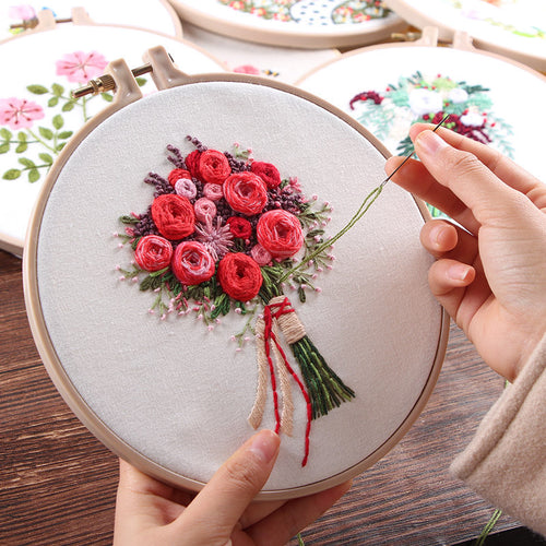 Beginners Red Rose Bouquet Hand embroidery kit