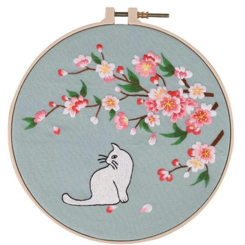 Cat & Peach Blossom embroidery kit