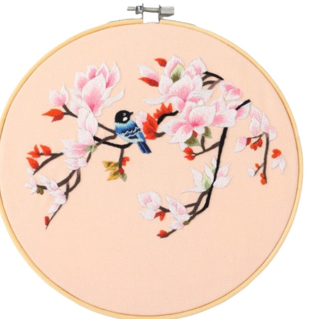 Kit de bordado a mano con pintura de agujas de magnolias y pájaros de 8