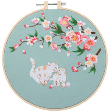 Load image into Gallery viewer, Peach Blossom &amp; 2 Cats Needle Painting Hand Embroidery Kit 8”
